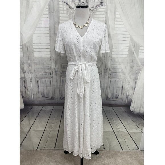 Preston & York Size 6 White Dress Eyelet Rayon Midi Dress Flutter Sleeve Belted - Picture 1 of 11